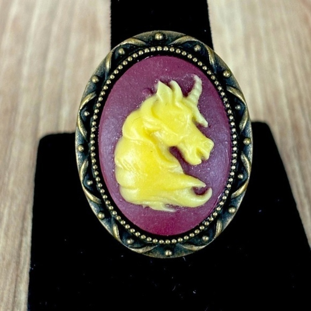 Dark Red and Yellow Unicorn Cameo Adjustable Ring, Handmade, NWT